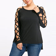 Plus size fashion strapless hollow mesh long sleeve T-shirt