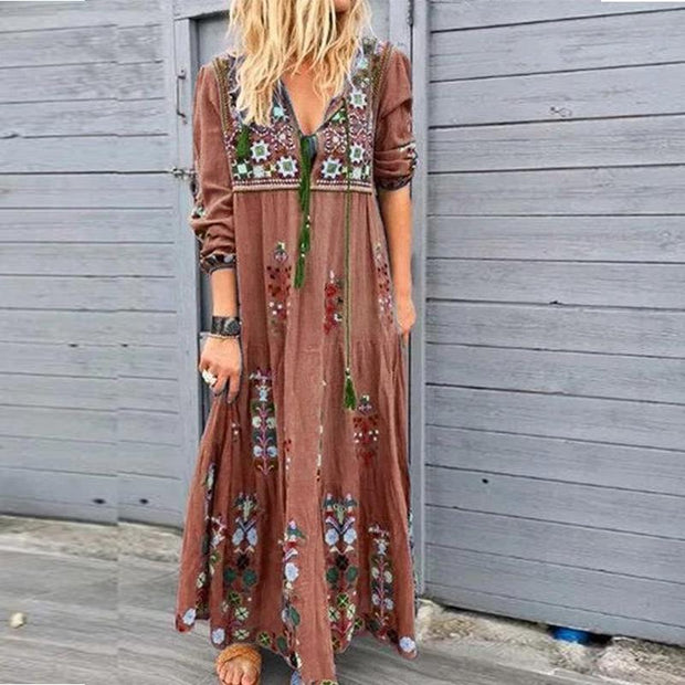 Casual Patchwork Embroidery V Neck Dresses