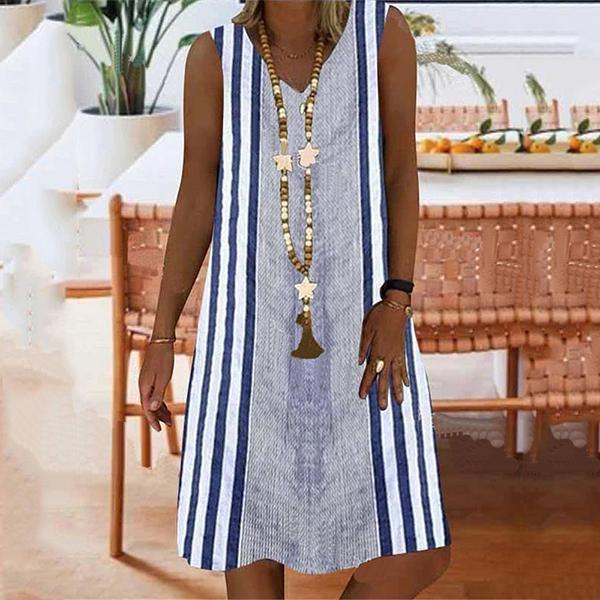 Straight Stripe Printed Sleeveless V-neck Midi Dress