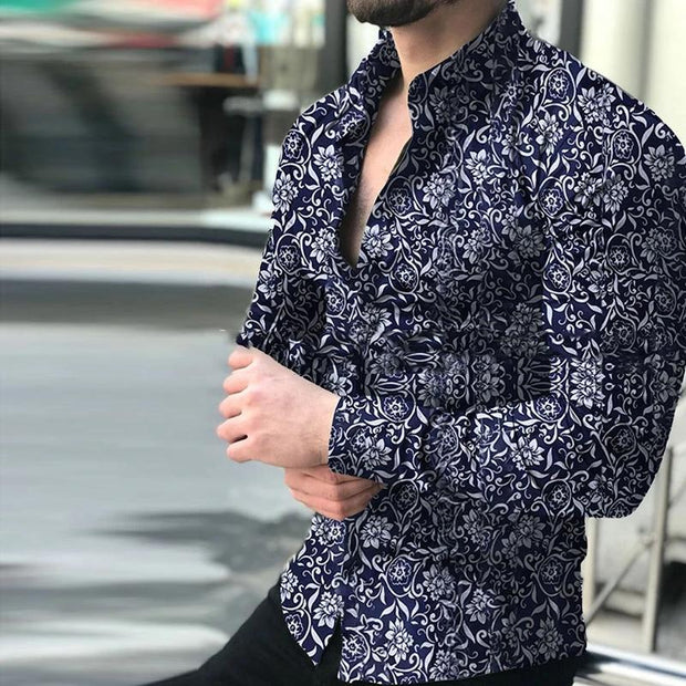 Men's Casual Long Sleeve Floral Shirt