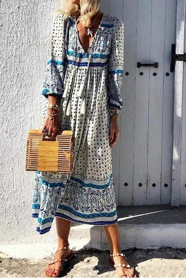 Neocozy Long Sleeve V Neck Printed Long Dress