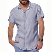 Mens Lapel Cotton Linen Shirt Short Sleeve Shirt