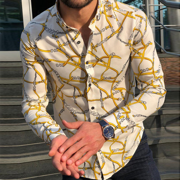 Casual MenS Printed Slim Long-sleeved Flower Thin Shirt