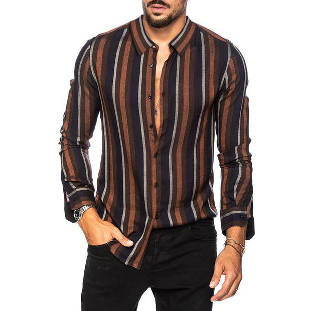 Men's Striped Slim Multicolor Lapel Long Sleeve Shirt