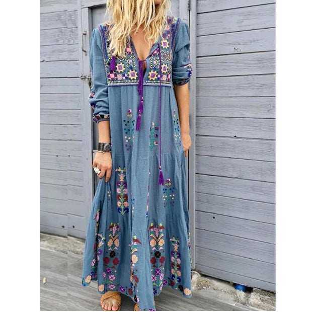 Casual Patchwork Embroidery V Neck Dresses