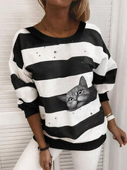 Fashion Long-sleeved Striped Kitten Print Sweatshirts