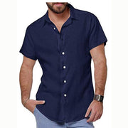 Mens Lapel Cotton Linen Shirt Short Sleeve Shirt