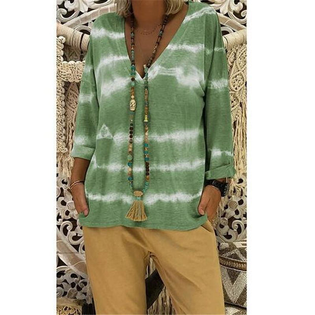 Women Loose Tie-dye Effect V-neck Long-sleeved Casual T-shirt