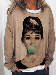 Womens Long Sleeve Round Neck Portrait Print T-Shirt