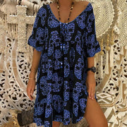 Fashion Printed Large Size Loose V-neck Medium-length Dress