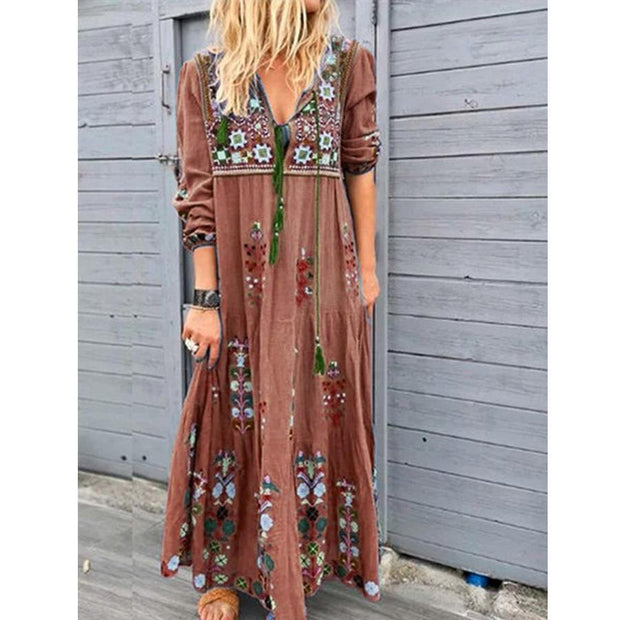 Casual Patchwork Embroidery V Neck Dresses