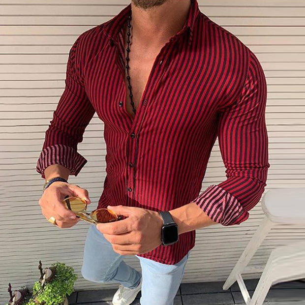 Men's Striped Long Sleeve Button Lapel Casual Shirt