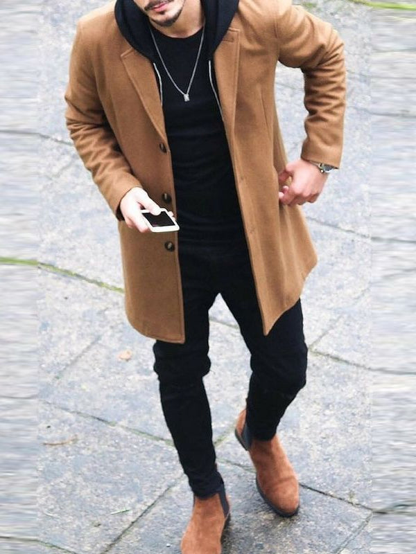 Mens Fashion Street Style Plain Lapel Single-Breasted Slim Coat