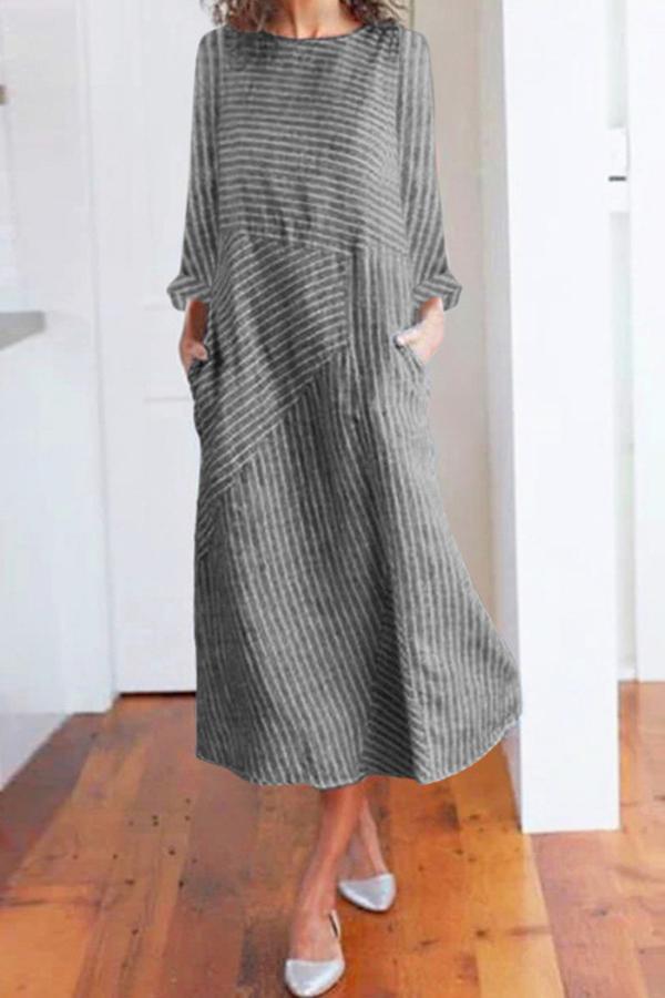 Neocozy Women Round Neck Long Sleeve Striped Printed Maxi Dress