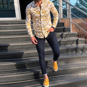 Casual MenS Printed Slim Long-sleeved Flower Thin Shirt