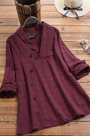 Women Button Plaid Print Lapel Long Sleeve Blouse