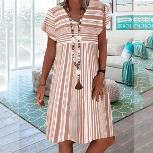 Sexy Printed Striped Short-sleeved V-neck Dress