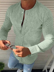 Men's Round Neck Linen Solid Color Long-sleeved Shirt