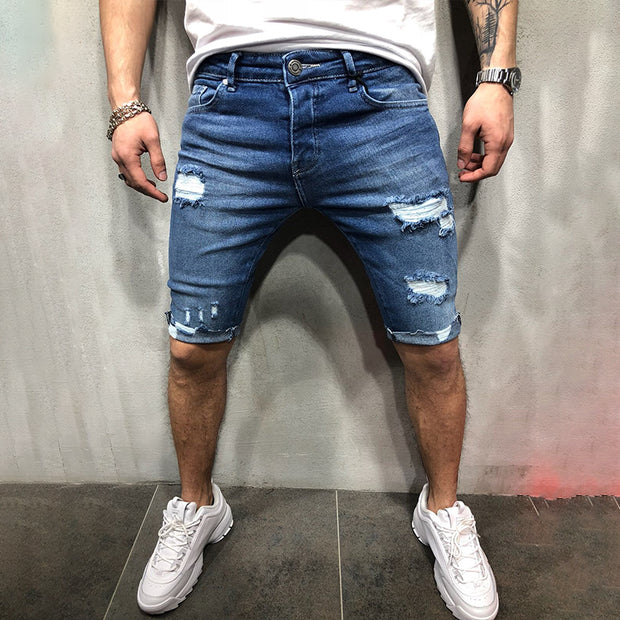 Blue Ripped Slim-Fit Denim Shorts