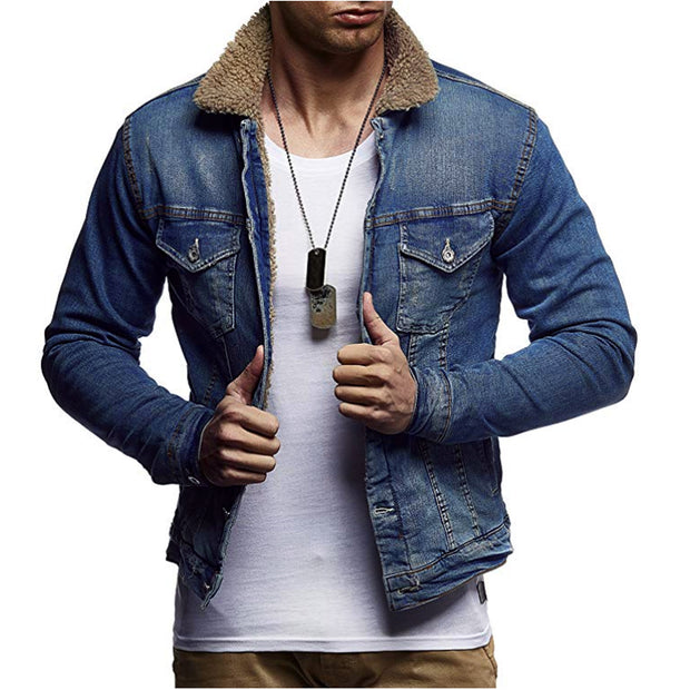 Men's fashion casual thick velvet lapel denim jacket