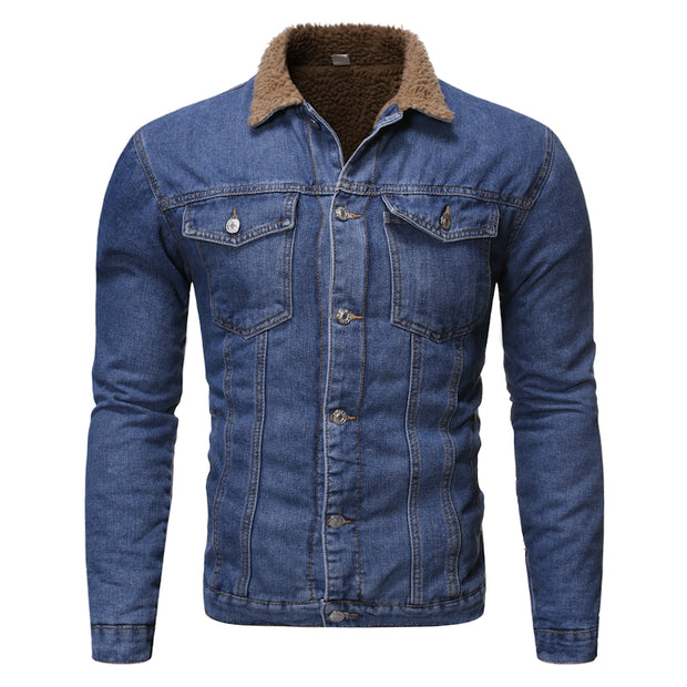 Men's fashion casual thick velvet lapel denim jacket