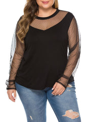 Womens Plus Size Mesh Stitching See-through Long-sleeved Top