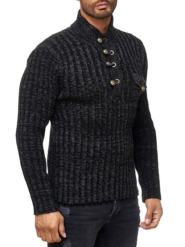 Mens Stand Collar Button Knitted Sweater