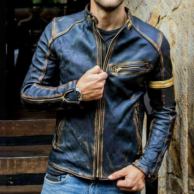 Men Stand-Collar Punk Motorcycle Leather Jacket