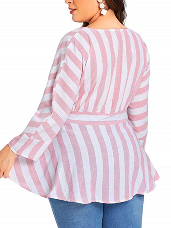 Plus size striped V-neck long-sleeved waist T-shirt