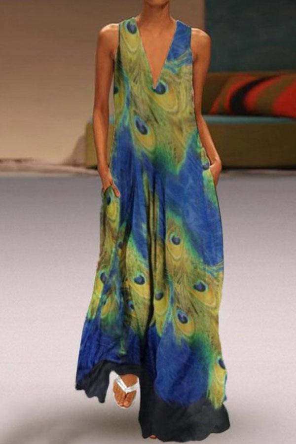 V-neck Stretch Peacock Print Sleeveless Maxi Dress