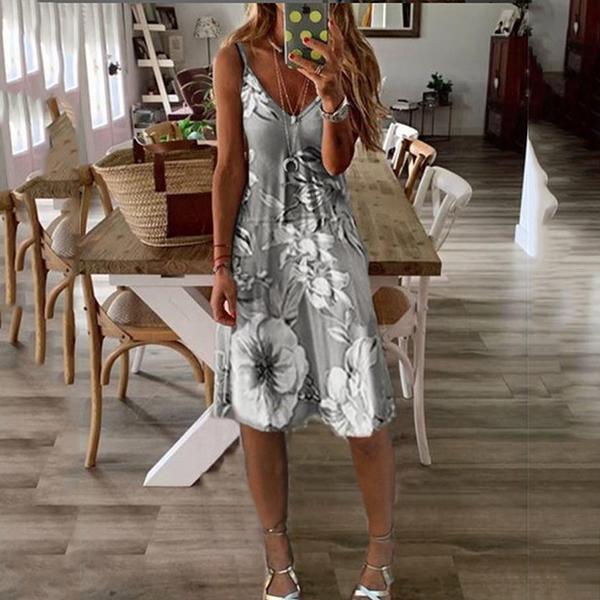 Women's Sexy V-neck Printed A- line Midi Dress