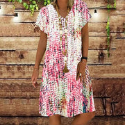 Fashion Short-sleeved V-neck Fish Scale Printed Midi Dress